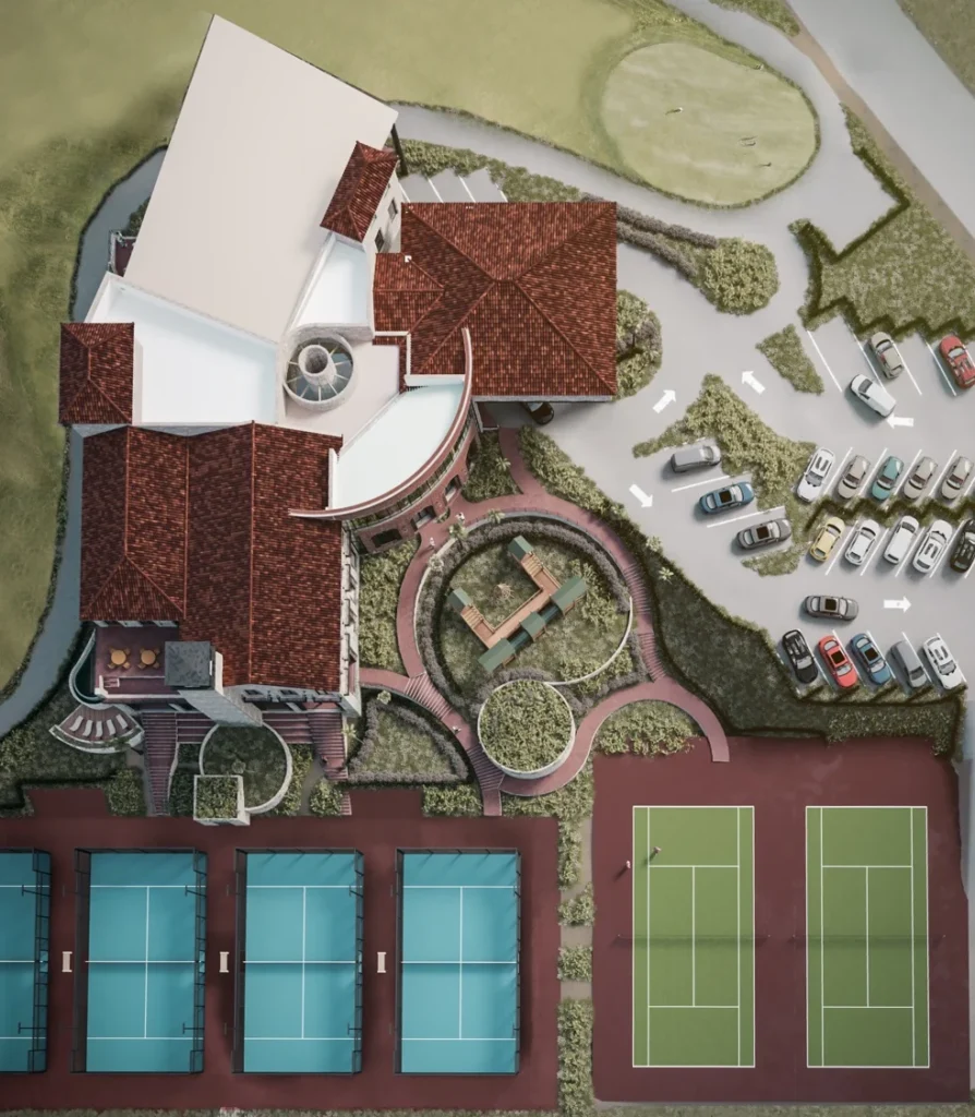 Plano aéreo del club de golf y casa club